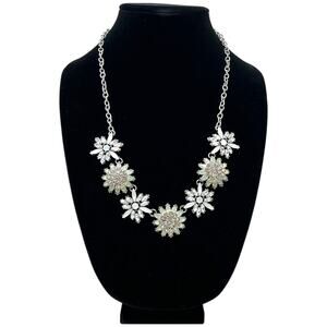 Additions by Chico’s Floral Statement Necklace Silver Tone 24” + 5” Extender NWT